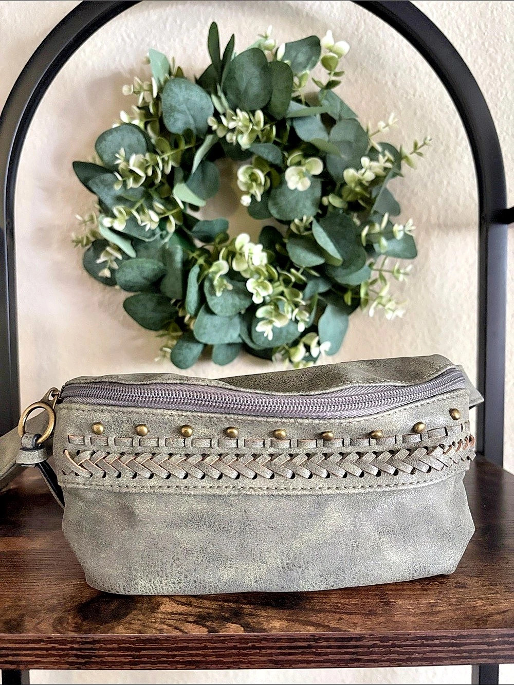 Gray Studded Woven Crossbody